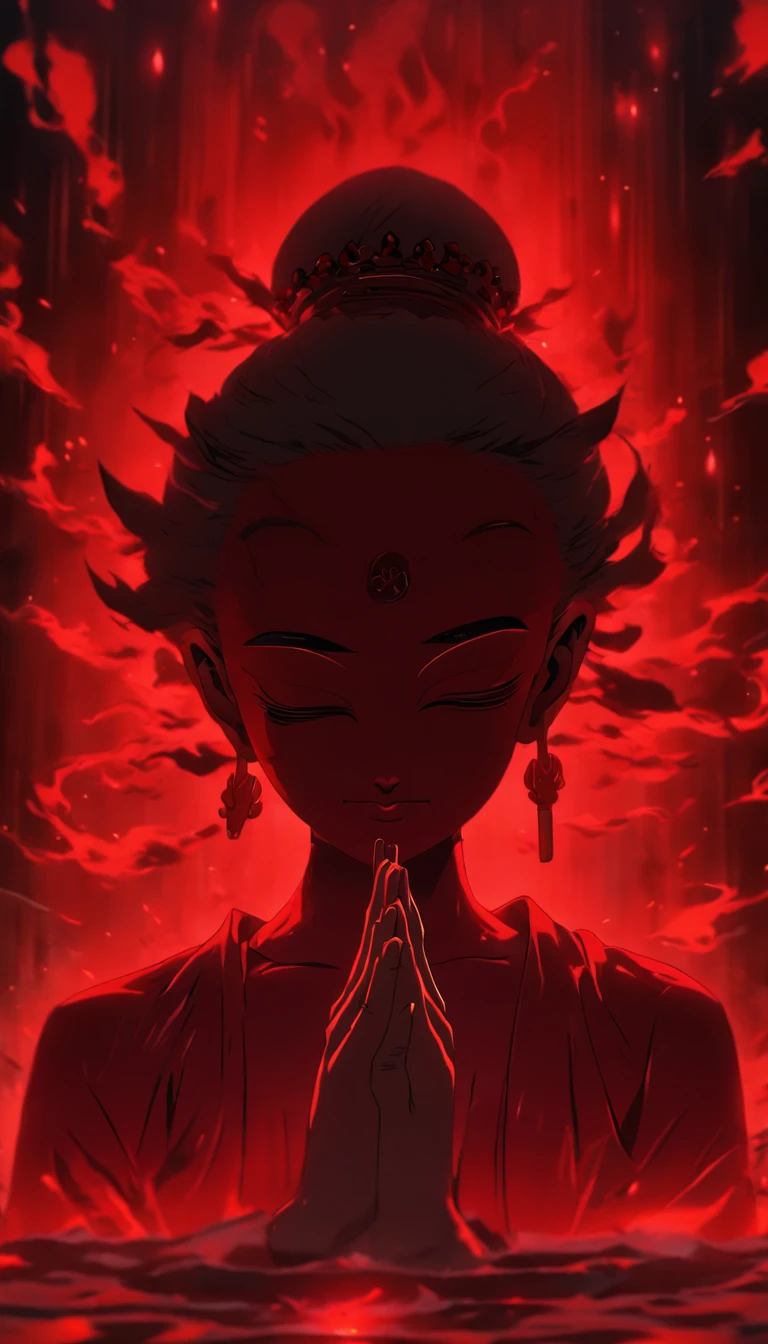 Blood red room, Flashing white TV screen, BUDDHA STATUE, cabelos preto e longos, with hair dishevelled, Cover one eye and face, Bright red eyes, Wearing a white transparent robe, Looming full breasts,liquor,Devil, reaching out her hands,Straighten your body, Red nails are exposed, Pinch the camera, hyper HD, Anatomically correct, Textured skin, Super detail, High details, High quality, A high resolution, 8K, hyper HD, Anatomically correct, Textured skin, Super detail, High details, High quality, Best quality, 8K,Leishnampo,Room 2,Horror
