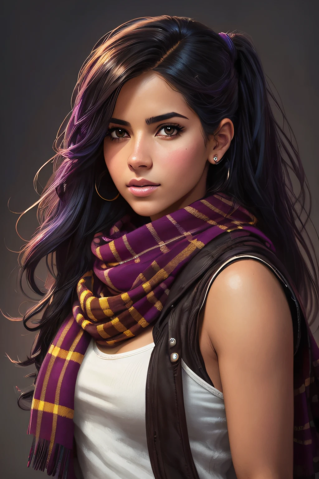 retrato del rostro muy detallado joven hermosa mujer colombiana, ojos azules, tartan scarf, Amarillo degradado/negro/brown/magenta, grunge aesthetic, por Atey Ghailan | Greg Rutkowski | Greg Tocchini | James Gilleard | Joe Fenton | Carnicero Kaethe