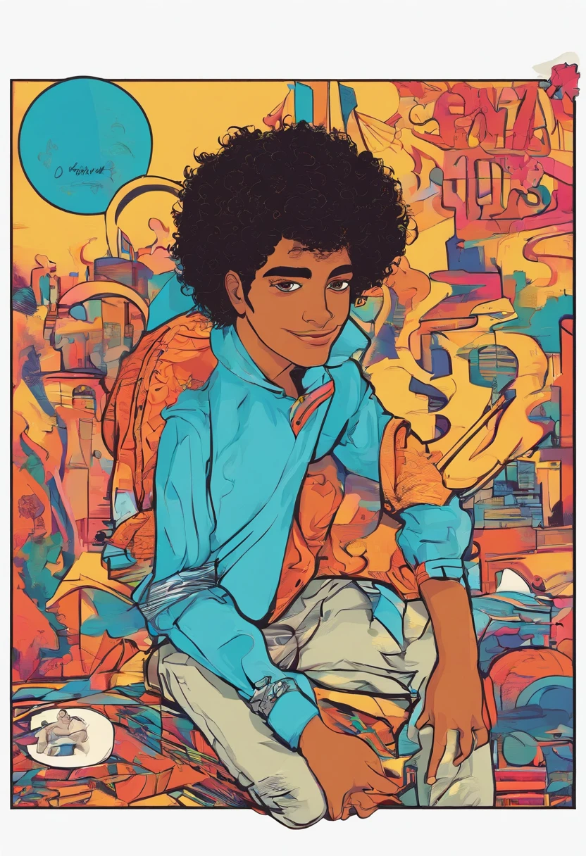 Boy with curly hair but not so big hair has a thickness of 3rd type of curly hair. is wearing a baby blue shirt with dark blue mages , imagem frontal, caio santos, Saadane AFIF, andrea rocha, Riyahd Cassiem, by Almeida Júnior, Mohamed Chahin, Asher Duran, icaro carvalho, by Antonio Parreiras, Alex, Astor Alexande