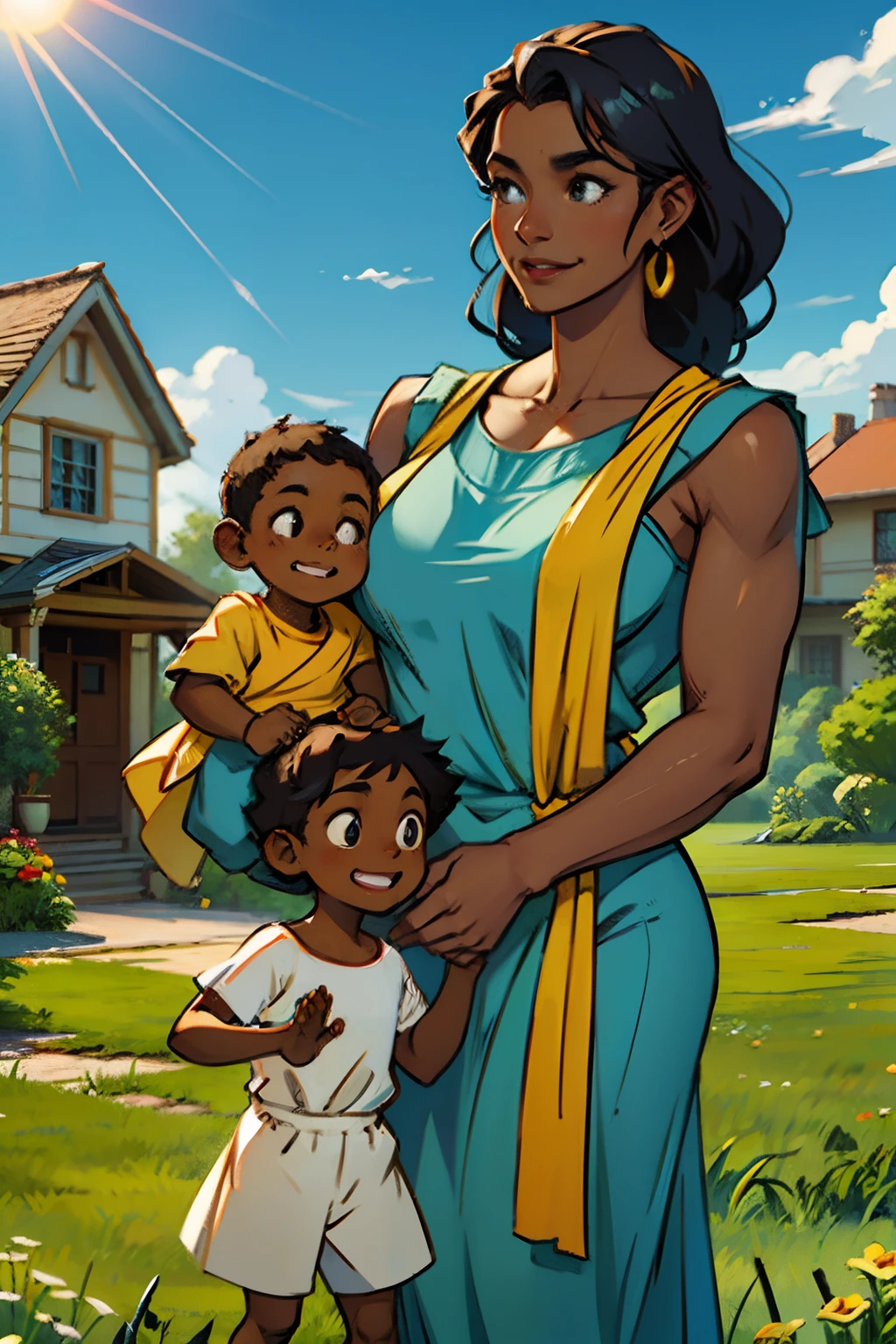A dark skinned family, making friendly welcoming gestures, arms opened, hands waving, background is a house, in summer, daytime light, mood is happy, nurturing, nourishing, character design.