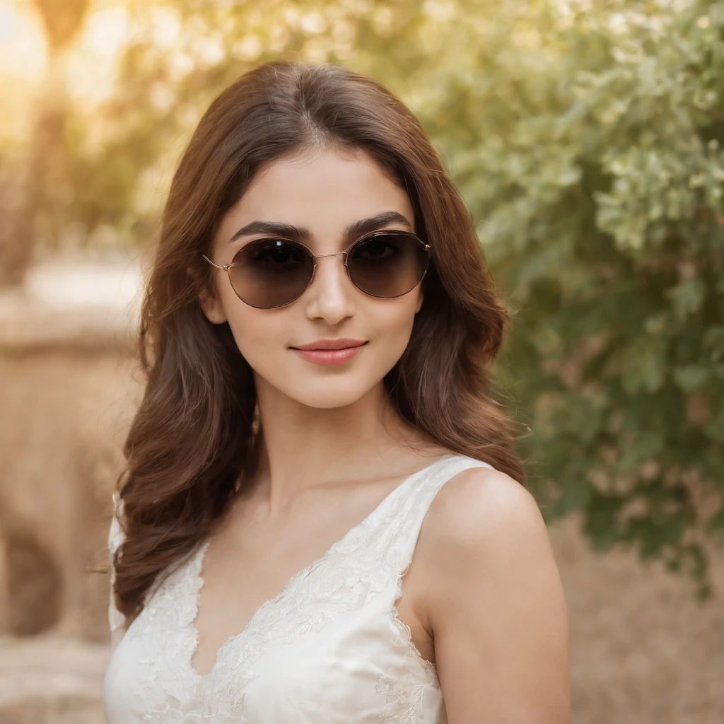 so beautiful Iranian girl with a wheatish complexion, an innocent and charming smile, large green eyes, wearing a white silky dress, her light brown hair flowing, black sun glasses, flirting eyes,