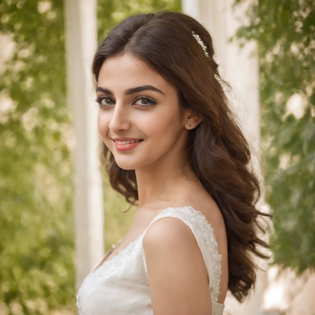 so beautiful Iranian girl with a wheatish complexion, an innocent and charming smile, large green eyes, wearing a white silky dress, her light brown hair flowing, black sun glasses, flirting eyes,