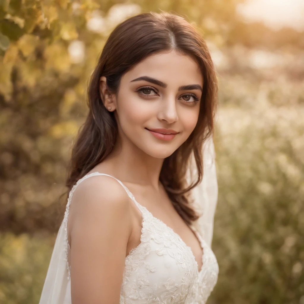 so beautiful Iranian girl with a wheatish complexion, an innocent and charming smile, large green eyes, wearing a white silky dress, her light brown hair flowing, black sun glasses, flirting eyes,