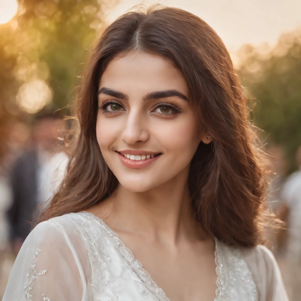 so beautiful Iranian girl with a wheatish complexion, an innocent and charming smile, large green eyes, wearing a white silky dress, her light brown hair flowing, black sun glasses, flirting eyes,