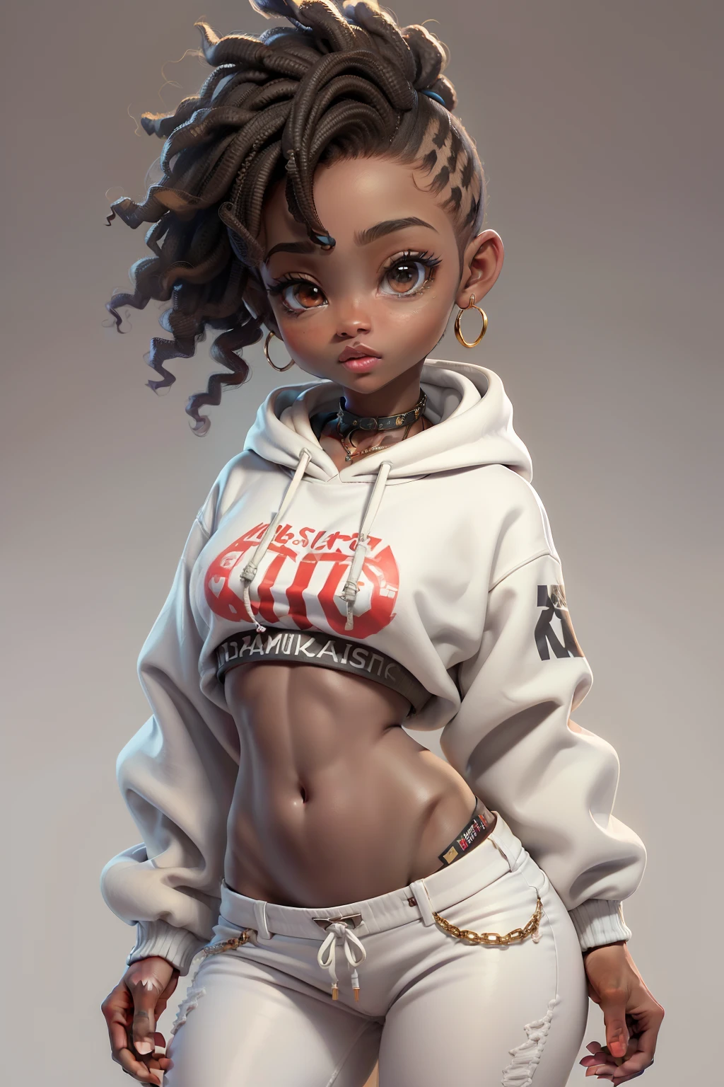 incomparable masterpiece, ultrarealista 8k CG | | | | | |, Chibi, Perfect artwork, ((African hip hop dancer style20 years)), mulher negra cintura fina, limpo, beautiful face, {****** estilo hip hop olhos perfeitos} , papel de parede 8k, {{{master part}} }, 1rapaz, brown hair, olhos castanhos, cabelos undercut, ((wearing white pants and sweatshirt)), Detailed lips, olhar espectador, Detailed lips, red lips, fundo simples, sozinho, corpo inteiro , (pele brilhante), roupa estilosa