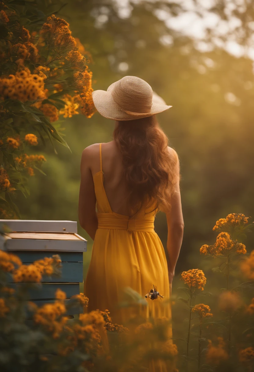 woman back in nature beehives flowers high detail 4k minimalism