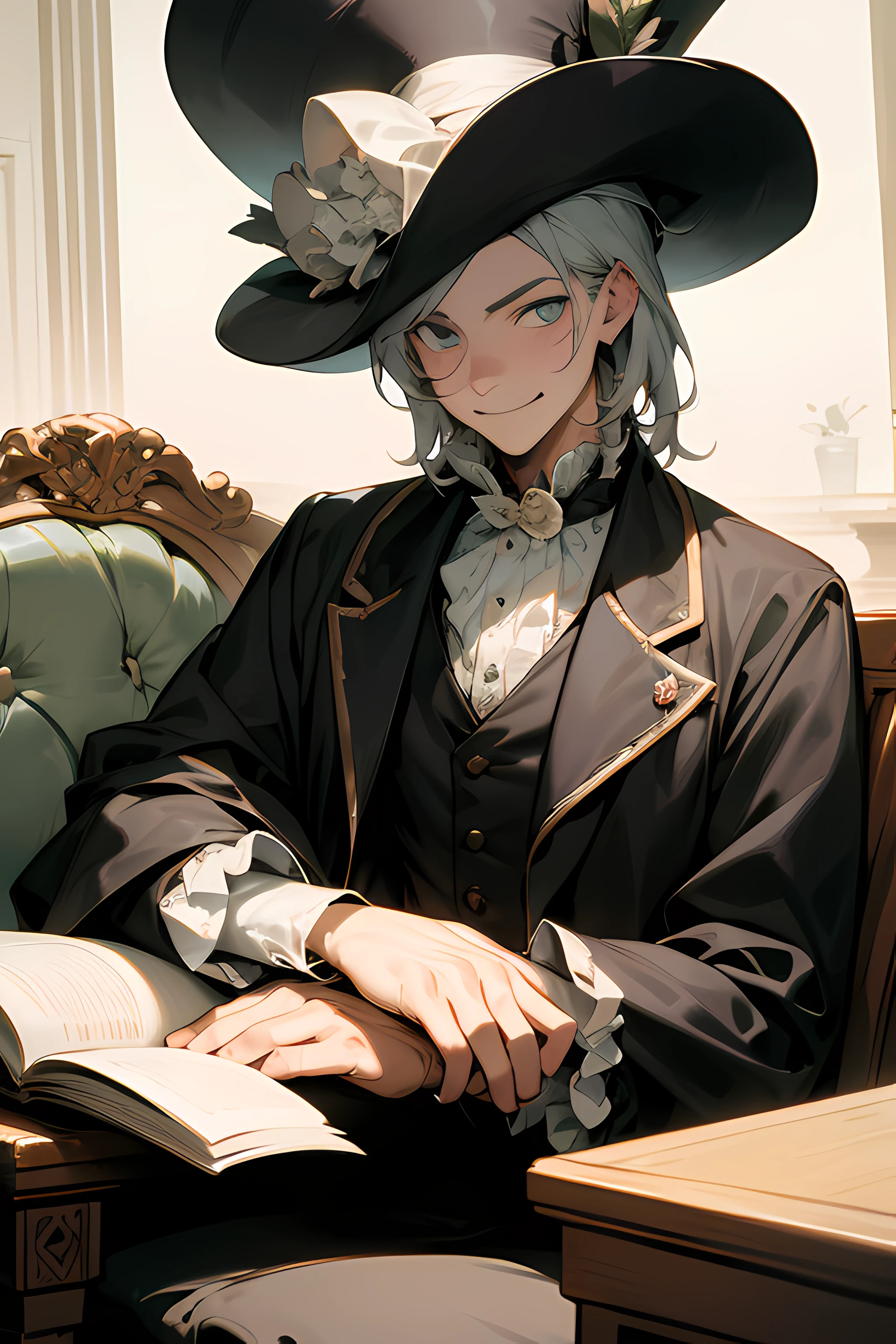 a man in an 18th century suit with a maniacal smile, sitting down.