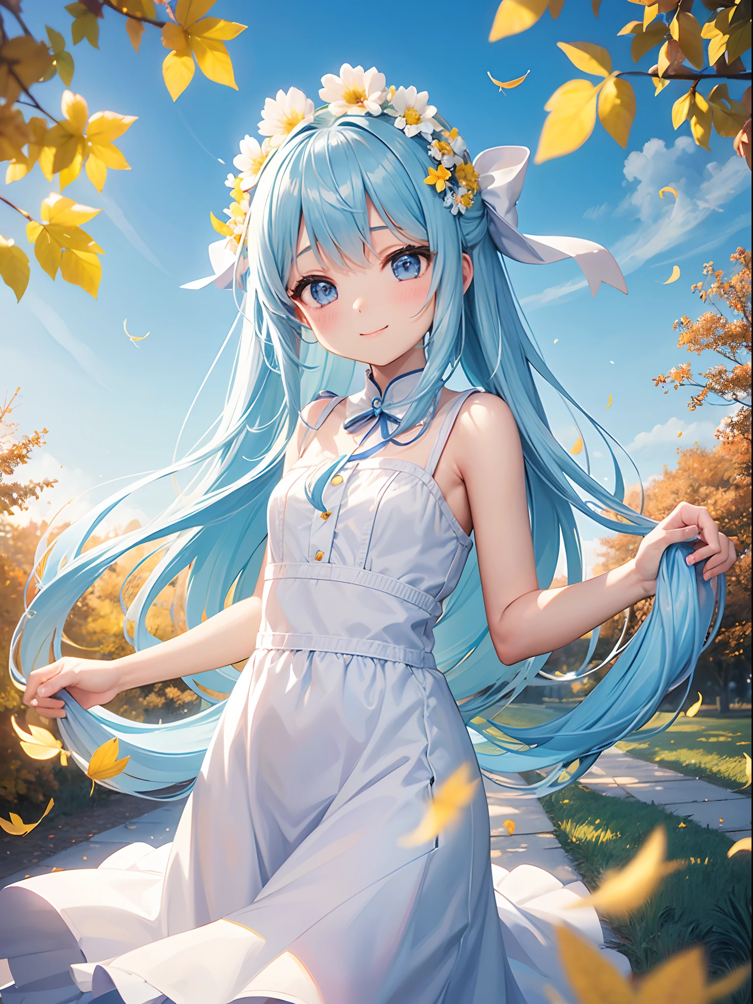 1girl in、Light blue long hair、Twin-tailed、A charming smile、A delightful! White and yellow dresses、Flower Fairy、the wind、suns、Background of autumn leaves、Falling leaves flutter(Some photos)