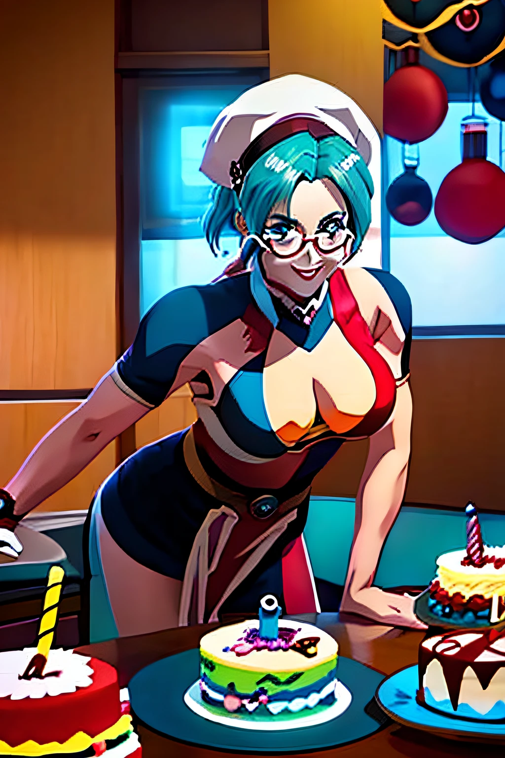 anime, Harley Quinn Beauty wearing a chef's hat and outfit, wearing glasses, sorridente, sitting on table, eat birthday cake, cozinha ao redor, corpo inteiro, Looking at camera, Top viewing angle