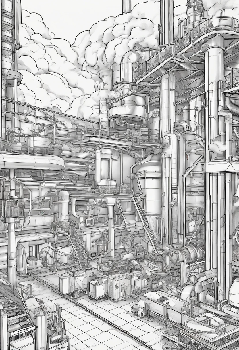 Create a waste recycling plant, com os trabalhadores , sem fundo, arte de linha para colorir, drawings for children, cool coloring pages, arte de livro para colorir, coloring book page style vector lines, 8k --ar 1:1