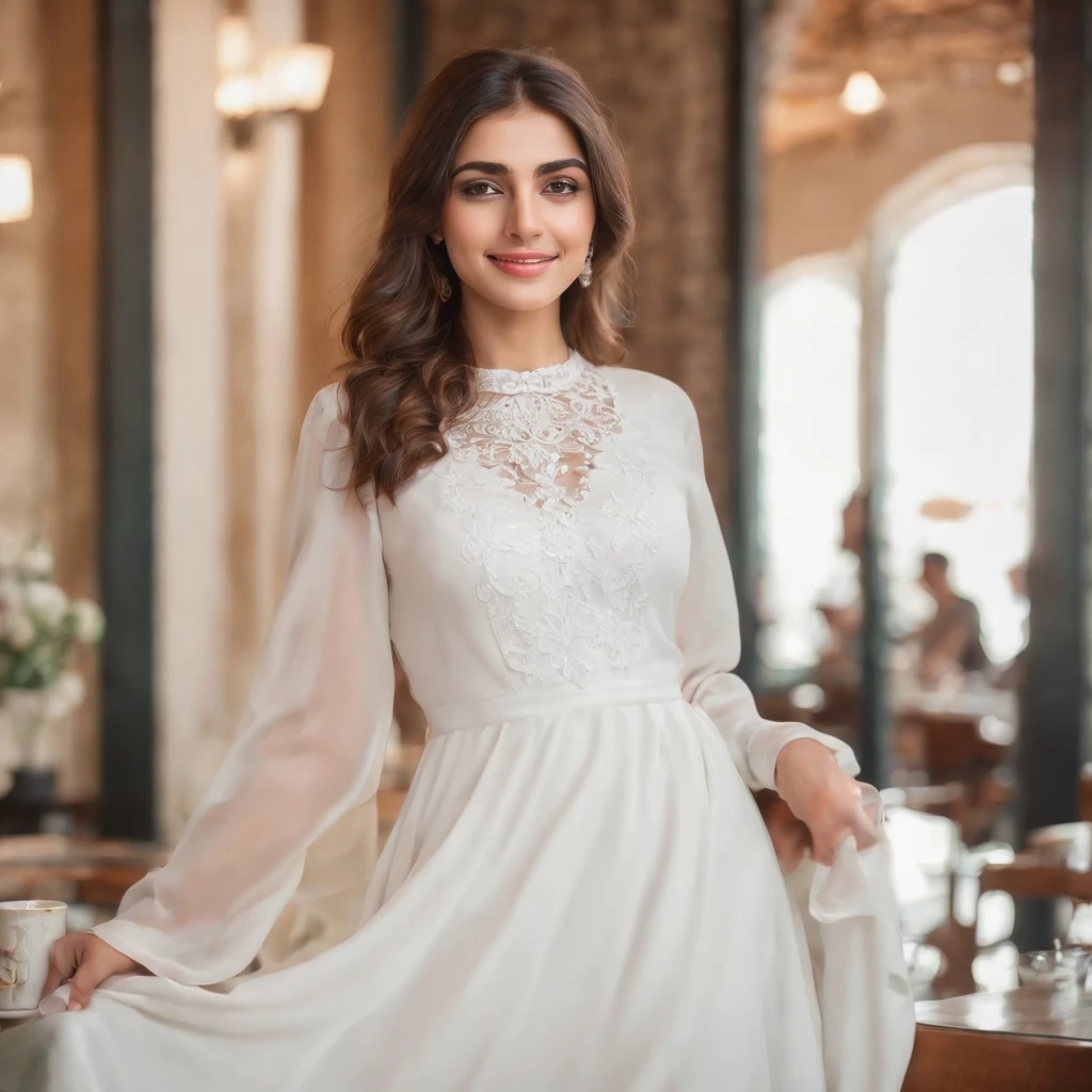 so beautiful Iranian girl with a wheatish complexion, an innocent and charming smile, large green eyes, wearing a white silky dress, her light brown hair flowing, black sun glasses, in coffee shop,