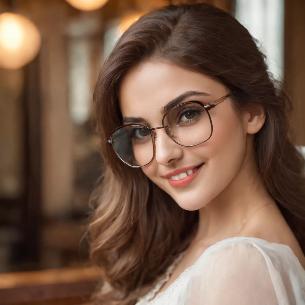 so beautiful Iranian girl with a wheatish complexion, an innocent and charming smile, large green eyes, wearing a white silky dress, her light brown hair flowing, black sun glasses, in coffee shop,