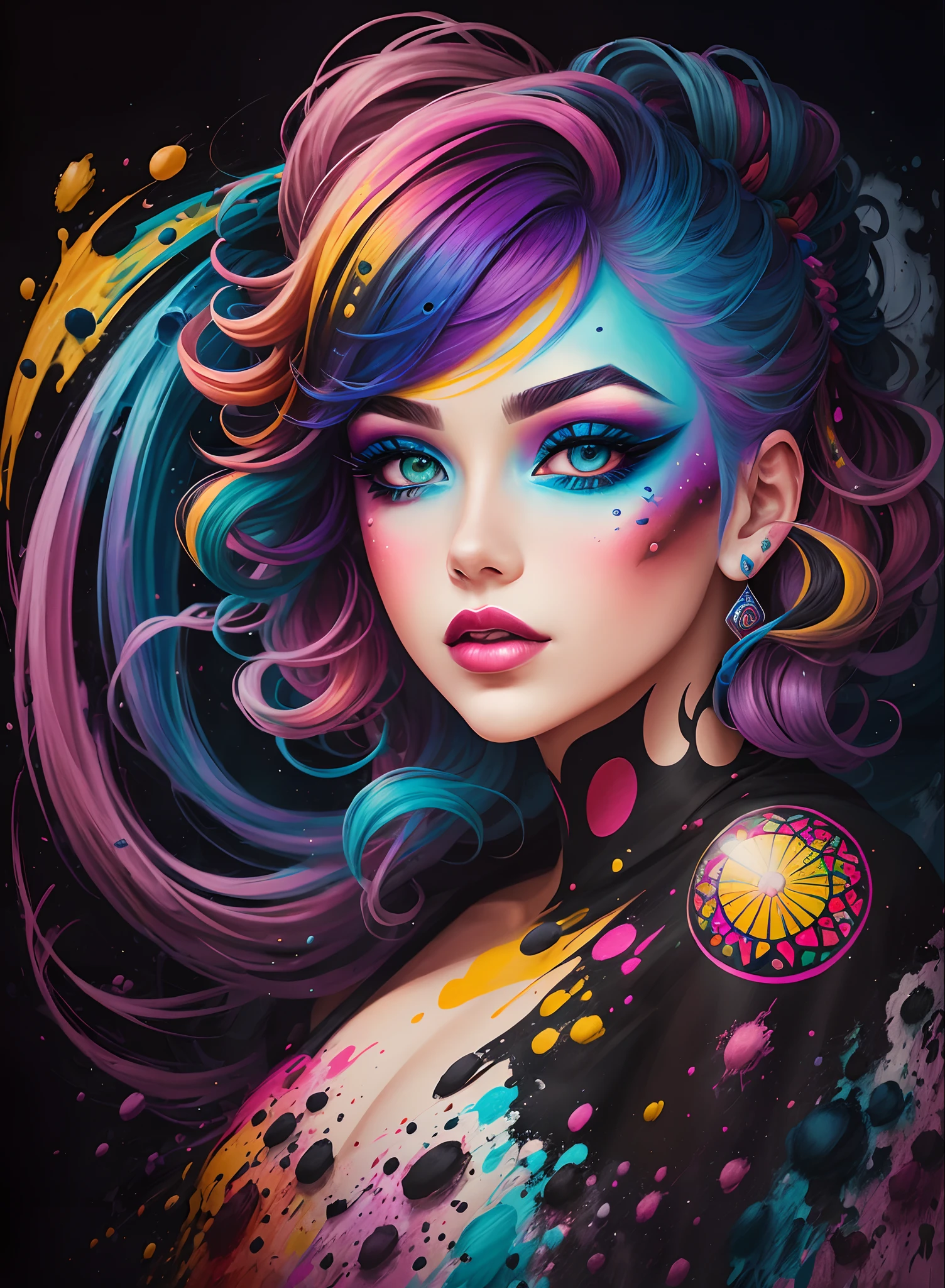 Face of a woman in burst of colored paint, perfect strokes, jets of paint in various colors dotted with the beauty of art that overflows.