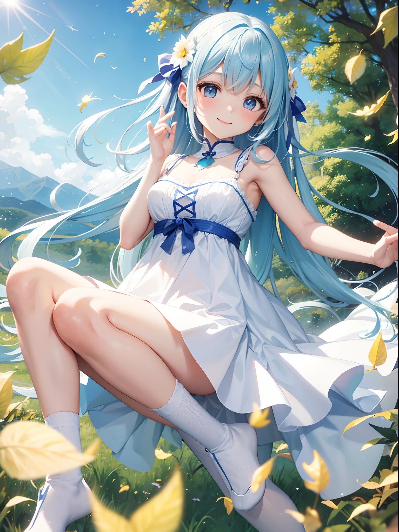masterpiece:1.2、hightquality、top-quality、hight resolution、detaileds、A hyper-realistic、20Beauties of the same age、long hair with pink twin tails,,,、Beautiful blue eyes、tilt of the head、morning glow、Green grass々Shigi々、birdie、rainbows、portlate、Lovely smile、showing teeth、(A detailed face)、((foco nítido))、((faces))、The upper part of the body_Body