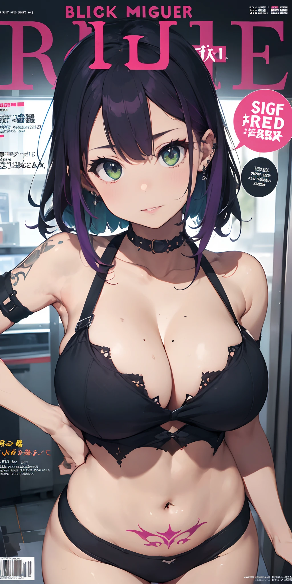 The most beautiful and sexy gothic punk rock girl, black and purple hair, green eyes, huge gigantic tits exposed, tons of tattoos and piercings, highly detailed background, magazine cover, perfect masterpiece, high quality, high resolution