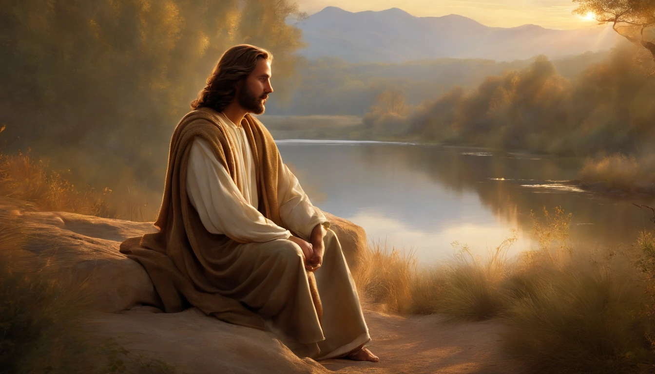Generate an incredibly lifelike image of Jesus Christ in a serene setting with a loving and comforting expression, with dimensions set to 1280x720 pixels. Capture intricate details, including his surroundings suffused with soft, golden sunlight, while rendering his countenance with a profoundly affectionate and reassuring demeanor that evokes a deep sense of compassion and solace