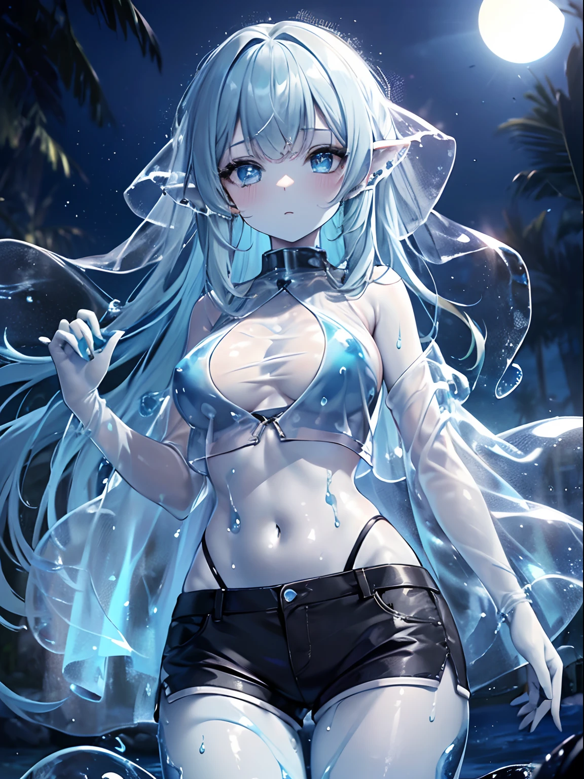 (Masterpiece, Best quality, ultra high resolution),1girl,beautiful and detailed face, detailed eyes,(slime girl, monster girl,covered in slime),(transparent skin, translucent skin), shorts,crop top,in the beach,night,((grey and blue theme)),(30 years old)