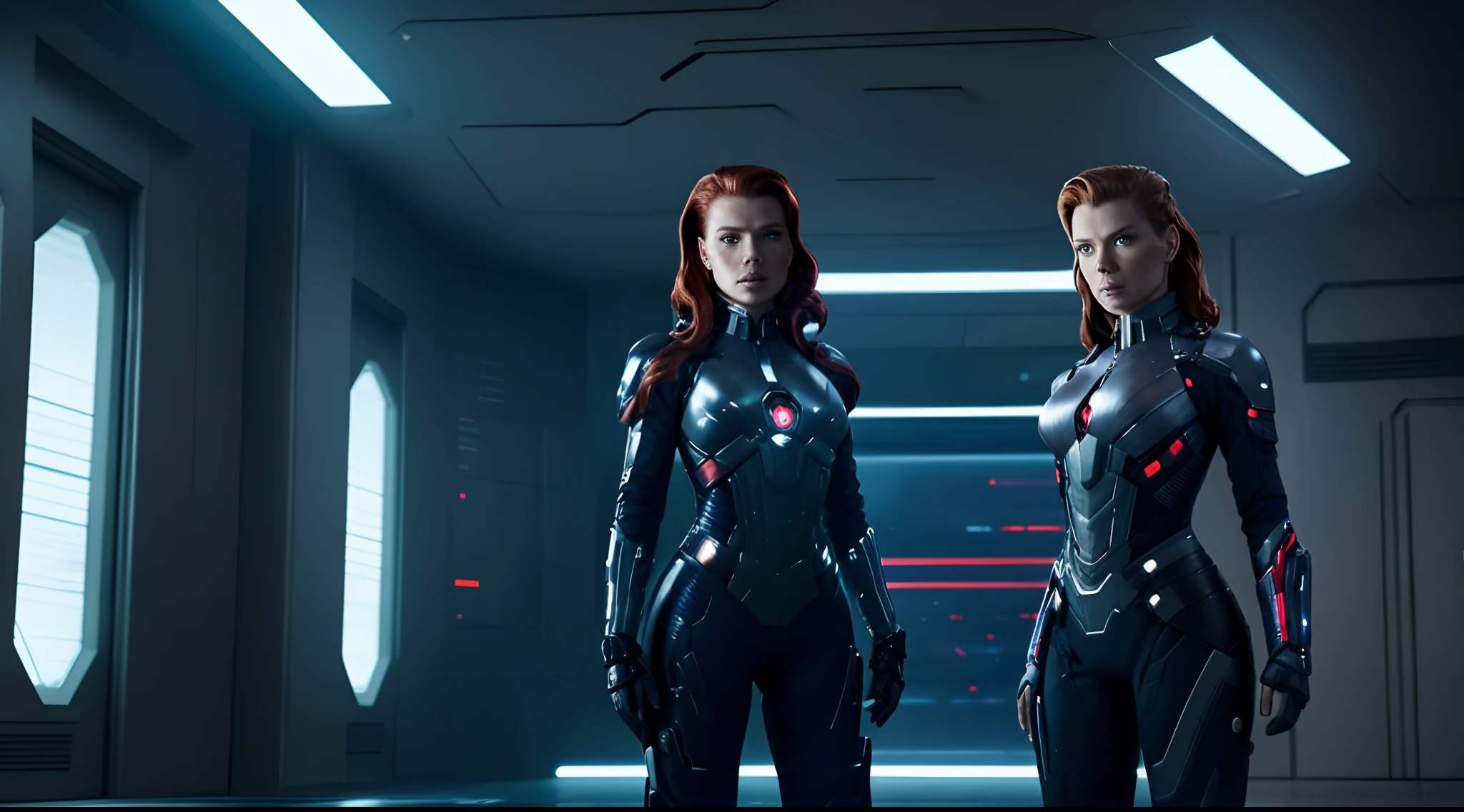 a woman in a futuristic suit stands in a dark room, a portrait by Arthur Pan, trending on Artstation, digital art, covered in full silver armor, cyborg cate blanchett, movie still of a cool cyborg, scarlett johansson black widow, covered in full metal armor, movie still of a villain cyborg, scarlett johansson as thanos, cybersuits, cybersuit, diverse cybersuits