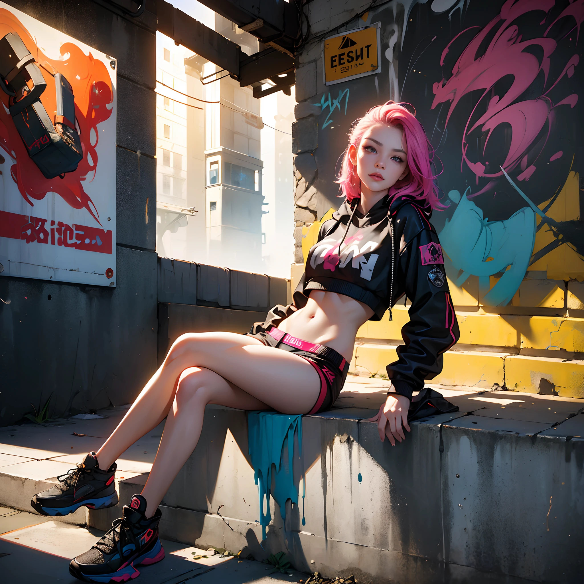 (extremely beautiful girl), (sitting on downstairs), full body, urban art culture, body art, (graffiti, street art, urban graffiti),(urban setting), (vandalism), (neon light:1.1), (urban fashion), (rebellious, alternative) ,(intense, dramatic lighting),(bright colors), (nighttime), (intense atmosphere), (serene expression), (street style), dystopian future, gritty vibe, cyberpunk aesthetics,creative energy,expressive art,charismatic stare,captivating eyes,playful mischief,vibrant artwork,mural paintings,eye-catching details, urban decay,energetic brushstrokes,skilled technique,intense character design,alluring charm, against the wall,