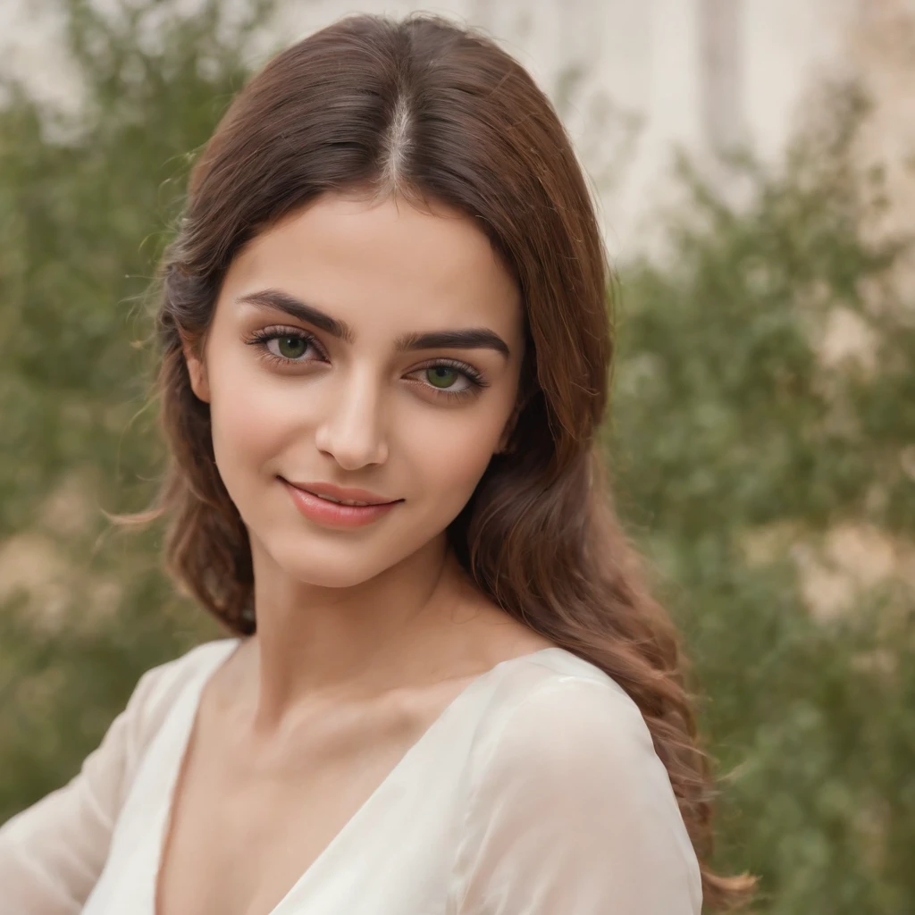 so beautiful Iranian girl with a wheatish complexion, an innocent and charming smile, large green eyes, wearing a white silky dress, her light brown hair flowing, black sun glasses, using mobile in bed room,