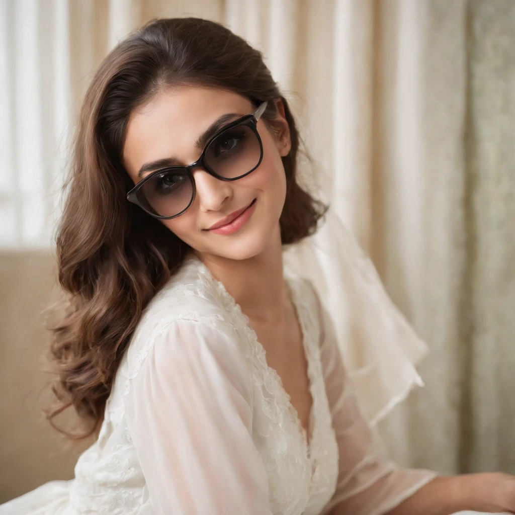 so beautiful Iranian girl with a wheatish complexion, an innocent and charming smile, large green eyes, wearing a white silky dress, her light brown hair flowing, black sun glasses, using mobile in bed room,