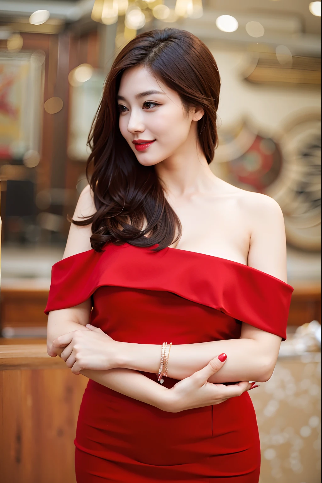 araffe woman in a red dress posing for a picture, wearing red dress, lovely woman, elegant red dress, wearing red formal attire, sha xi, in a red dress, wearing a red dress, red dress, girl wears a red dress, wearing red attire, dominating red color, fine details. red, ruan jia beautiful!, Best picture quality, masterpiece, ultra high resolution, 8k, cleavage, big boobs, bust detail, hair detail, eye detail, sharp eyes, thin smile, professional lighting