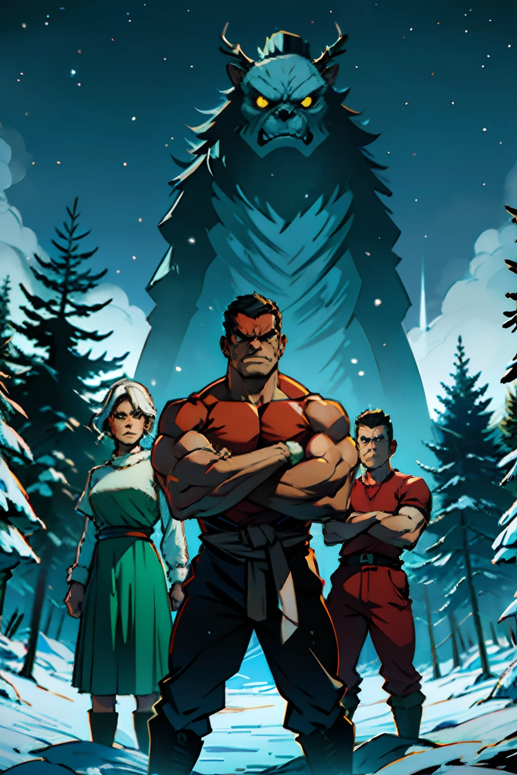 A mean angry family, frowning, making angry gestures, arms crossed, fists shaking, background is a house in a wintery pine forest at night, eerie light, mood is anger, animosity, character design.