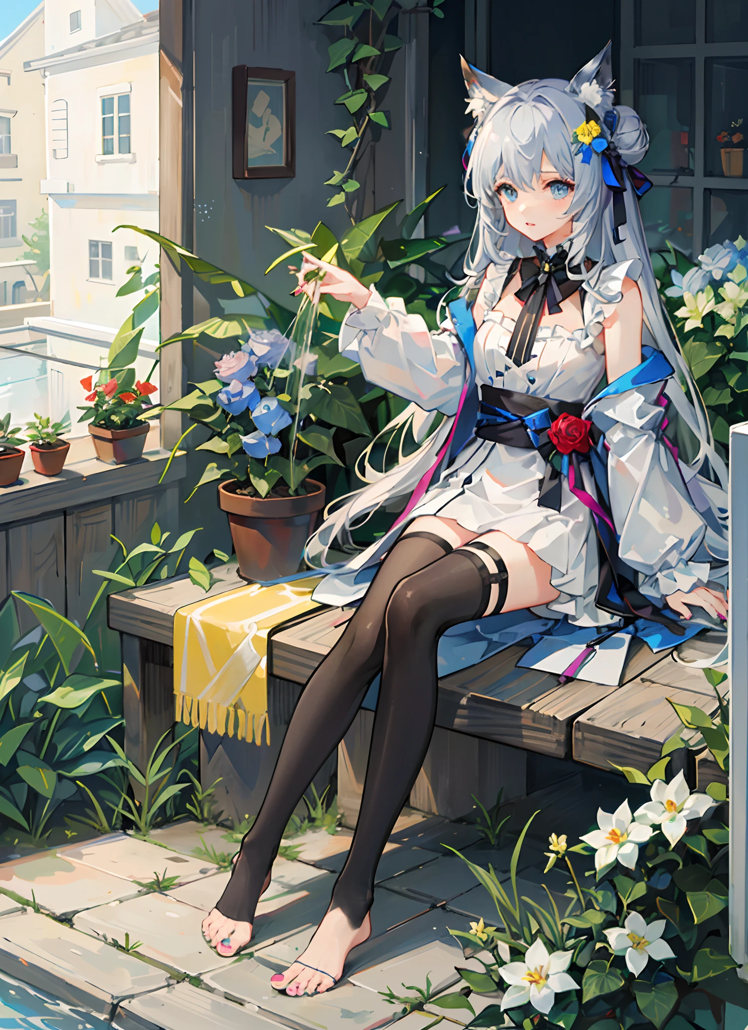 flower, nail polish, plant, potted plant, double bow, pot, vase, toenail polish, animal ears, bunny ears, rose, red nails, leaf, red flower, hydrangea, feet, tulip, bamboo, pink flower, morning glory, purple flower, pink rose, toenails, 1 girl, long hair, vines, blue_nails, toes, red_rose, thighs, bouquet, cactus, ivy, garden, soles, pink_nails, blue_eyes, barefoot, sitting, wateringcan, yellow_flower, fingers_locked, black_leggings, palmtree, looking_at_viewer, tanzaku, nailart, tanabata, rabbit_girl, window, amiya_\(arknights\), lily_of_the_valley, camellia, silver_hair, solo, ribbon
