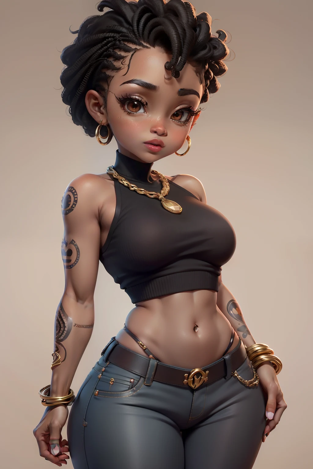 incomparable masterpiece, ultrarealista 8k CG | | | | |, Chibi, Perfect artwork, ((African hip hop dancer style20 years)), mulher negra cintura fina, limpo, beautiful face, {****** estilo hip hop olhos perfeitos} , papel de parede 8k, {{{master part}} }, 1rapaz, brown hair, olhos castanhos, cabelos undercut, ((wearing pants)), Detailed lips, olhar espectador, Detailed lips, red lips, fundo simples, sozinho, corpo inteiro , (pele brilhante), roupa estilosa