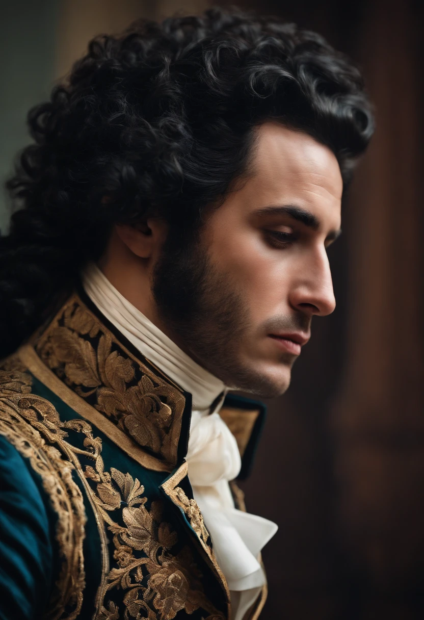 a man in an 18th century suit with a crying face, curly black hair.