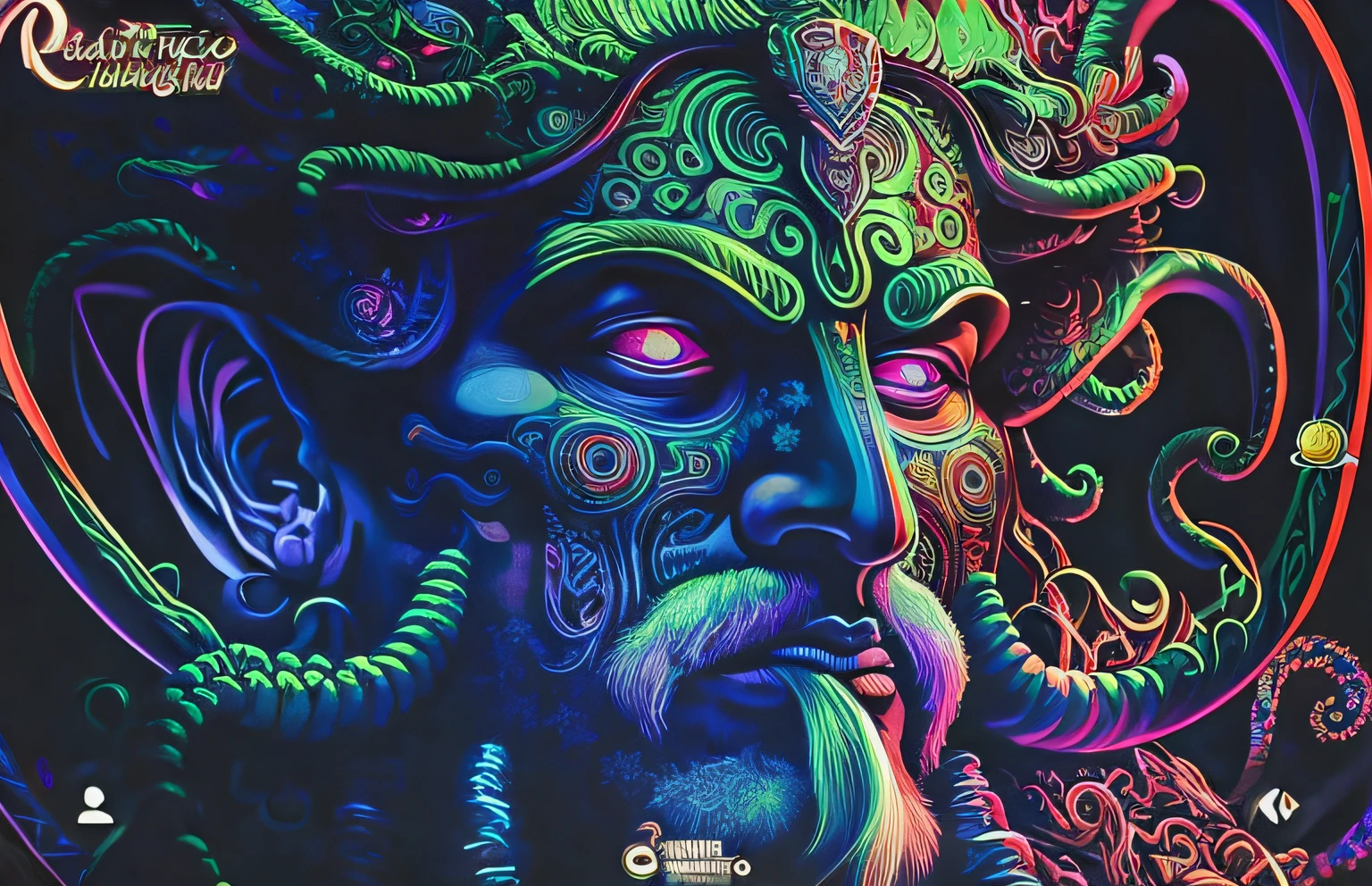 um close up de uma pintura de um homem com barba e rosto com chifres, arte psytrance, psytrance, Dan Mumford e Alex Grey Estilo, psychedelic dmt, psychedelic organic shaman, while tripping on dmt, epic shamanic dmt art, cores dmt, psychedelic cosmic horror, psychedelic shaman, Arte Trippy, Entidade DMT, extremely psychedelic experience