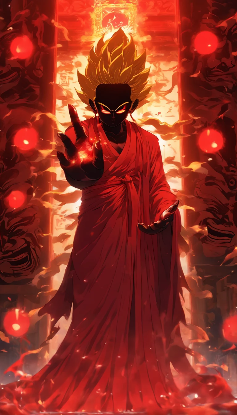 Blood red room, Flashing white TV screen, BUDDHA STATUE, cabelos preto e longos, with hair dishevelled, Cover one eye and face, Bright red eyes, Wearing a white transparent robe, Looming full breasts,liquor,Devil, reaching out her hands,Straighten your body, Red nails are exposed, Pinch the camera, hyper HD, Anatomically correct, Textured skin, Super detail, High details, High quality, A high resolution, 8K, hyper HD, Anatomically correct, Textured skin, Super detail, High details, High quality, Best quality, 8K,Leishnampo,Room 2,Horror