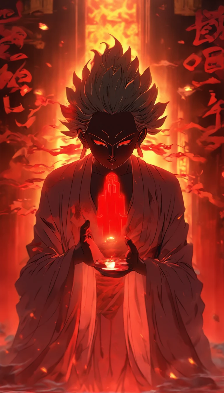 Blood red room, Flashing white TV screen, BUDDHA STATUE, cabelos preto e longos, with hair dishevelled, Cover one eye and face, Bright red eyes, Wearing a white transparent robe, Looming full breasts,liquor,Devil, reaching out her hands,Straighten your body, Red nails are exposed, Pinch the camera, hyper HD, Anatomically correct, Textured skin, Super detail, High details, High quality, A high resolution, 8K, hyper HD, Anatomically correct, Textured skin, Super detail, High details, High quality, Best quality, 8K,Leishnampo,Room 2,Horror