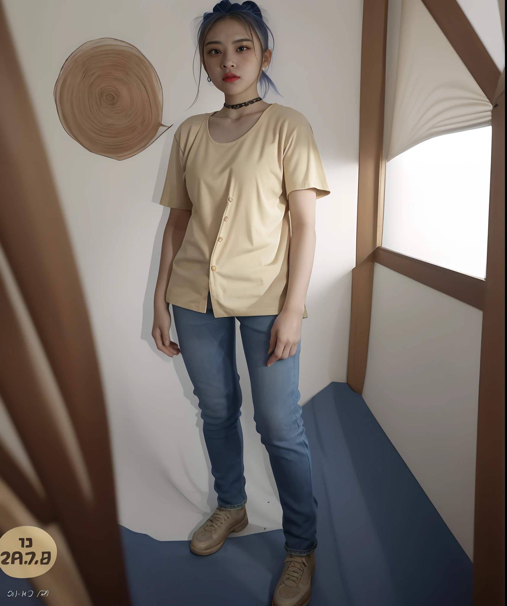 Ace, 4k, High Resolution, Masterpiece, Best Quality, Head: 1.3, (Korean K-pop Idol), Fine Skin, Sharp Focus, (Cinema Lighting), [: (detailed face:1.2):0.2], (((blue skinny jeans, beige oversized tshirt, round face, ponytail, cute girl, curvy body, petite, short height, short girl)))