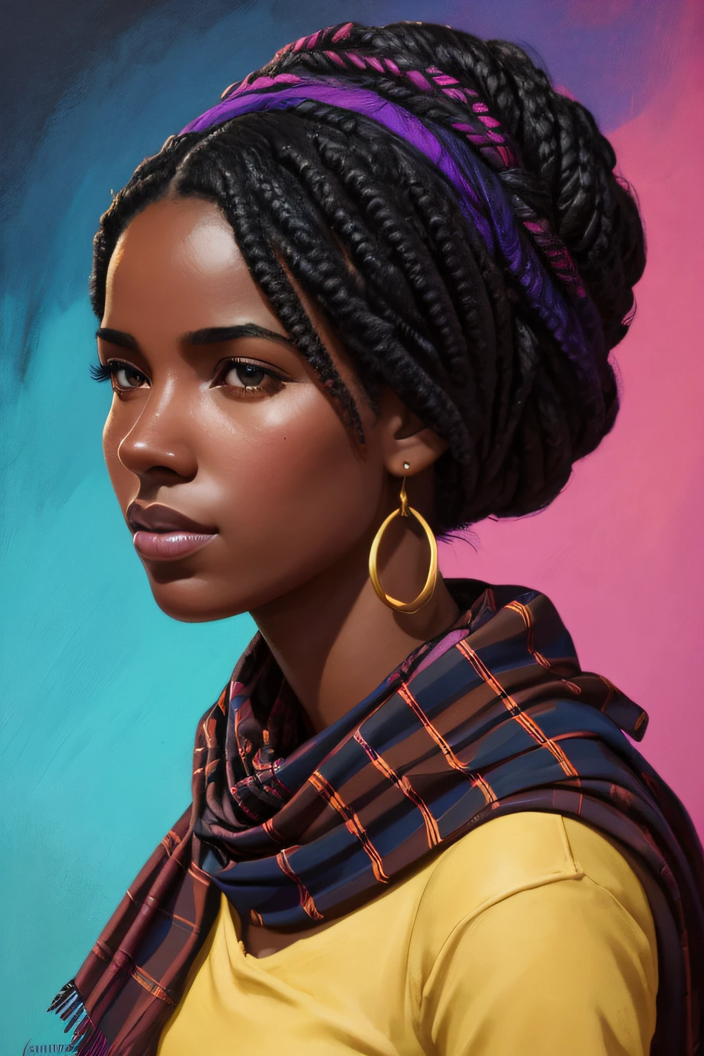Portrait of the very detailed face Young beautiful black Colombian woman from Cartagena and Medellín, ojos azules, tartan scarf, Amarillo degradado/negro/brown/magenta, grunge aesthetic, por Atey Ghailan | Greg Rutkowski | Greg Tocchini | James Gilleard | Joe Fenton | Carnicero Kaethe