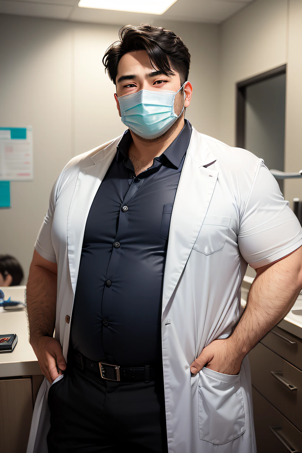 30 years old guy dentist, a little bit chubby, wearing dentist or lab coat, wearing face mask fbecause he has a patient, stressed, black hair, fair skin, realistic, frustrated because his patients' dental files are pilling up