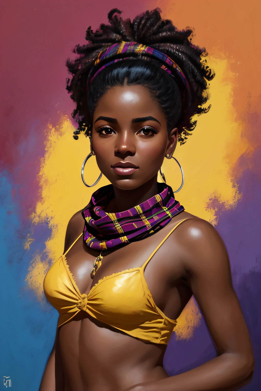 Portrait of the very detailed face Young beautiful black Colombian woman from Cartagena and Medellín, ojos azules, tartan scarf, Amarillo degradado/negro/brown/magenta, grunge aesthetic, por Atey Ghailan | Greg Rutkowski | Greg Tocchini | James Gilleard | Joe Fenton | Carnicero Kaethe