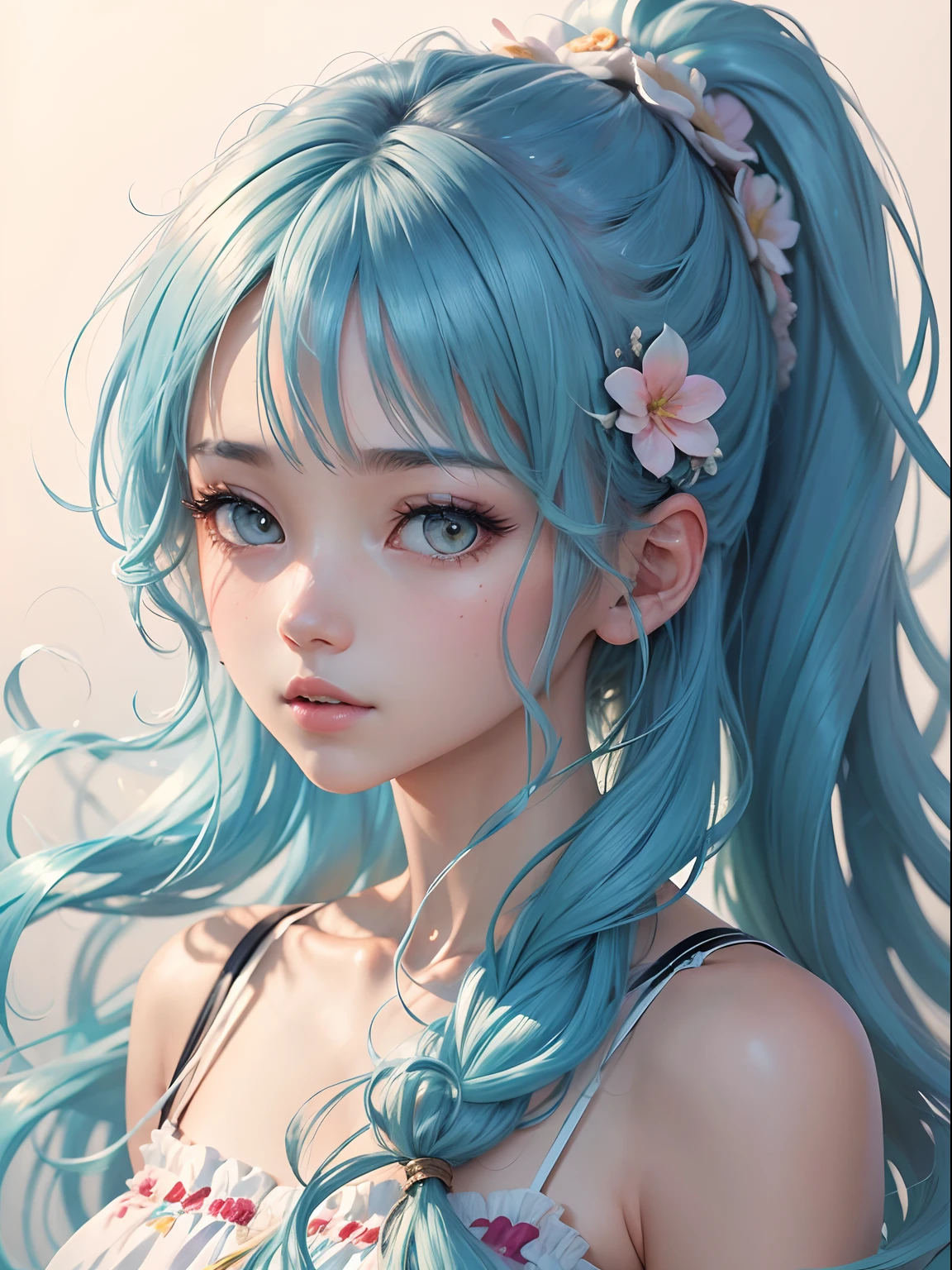 (masterpiece), (best quality), (ultra detailed),(disheveled hair),(illustration), (1girl), (Fashionable clothing), standing, Fashion model, looking at viewer, (interview), (simple background),beautiful detailed eyes, delicate beautiful face, Floating,(high saturation),(colorful splashes),colorful bubble,(shining), focus on face, ponytail, kamisato ayaka, light blue hair, bangs, hair ring, floating flowers, floating hairs, (shining), best lighting, best shadow,