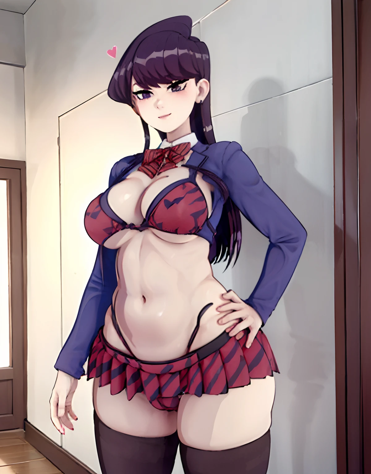 masterpiece, best quality, ultra detailed, art station, (full body in frame), 1girl, romanticism, solo, (detailed face), cute face, (((slim face))), ((sharp jawline)), blush:1.2, (heart shaped pupil:1.4), (((seductive smile:1.1))), gasp, steam, (big eyes), panic, flustered, wind swept hair, cute choker, black choker, bowtie, (((tight school uniform))), (((mini school uniform))), (cropped school unform), (((unbuttoned:1.3))), ((bikini:1.6)), medium large boobs, perky boobs, puffy nipples, perky nipples, cleavage visible, showing off cleavage, showing off midriff, (showing off belly), bloated belly, puffy belly, ballooned belly, round belly, evenly curved belly, slightly chubby belly, (muffin top belly:1.1), abs, slightly muscular abs, accurate belly button, accurate lower belly, (slim waist), (wide hips), (panty strings:1.1), (((thong strings:1.1))), (mini skirt), thick thighs, (muscular thighs:1.2), (muffin thighs:1.2), thigh highs, looking at viewer, (dutch angle:1.2), facing the viewer, out of focus background, blur background, (background in a school hallway:1.3), perverts, (dappling sunlight:1.3), (vibrant colours:1.2), bright colours, (((NSFW:1.2)))