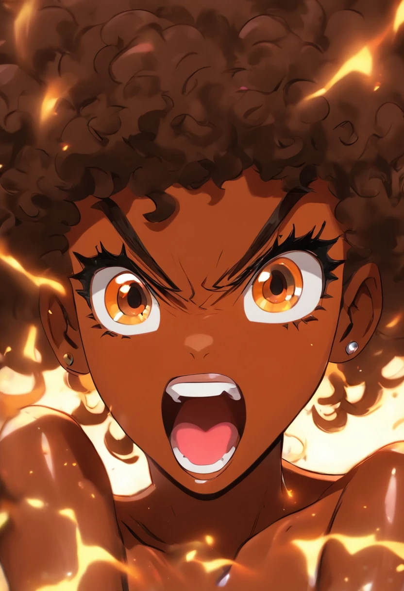 ,((dark-skinned female, melaninated female ,,chocolate-skinned female)), black hair, short curly afro, hair bobbles, headshot,remote control (masterpiece, ultra-detailed,best-quality, 2040hd) visual novel, yelling