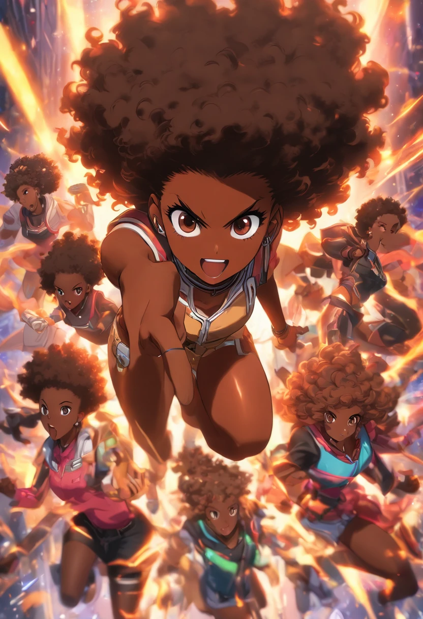 ,((dark-skinned female, melaninated female ,,chocolate-skinned female)), black hair, short curly afro, hair bobbles, headshot,remote control (masterpiece, ultra-detailed,best-quality, 2040hd) visual novel, yelling