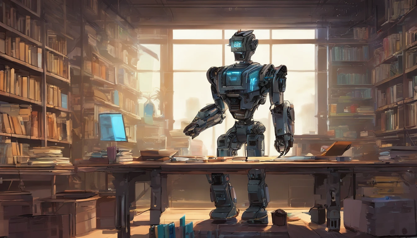 a robot, with translucent body, Sit at your desk,Pen in hand, In the book it is written, In a room with books, Wide field of view, Ultra photo realsisim, highly detailed, digitial painting, concept-art, lisses, foco nítido, wide - angle shot