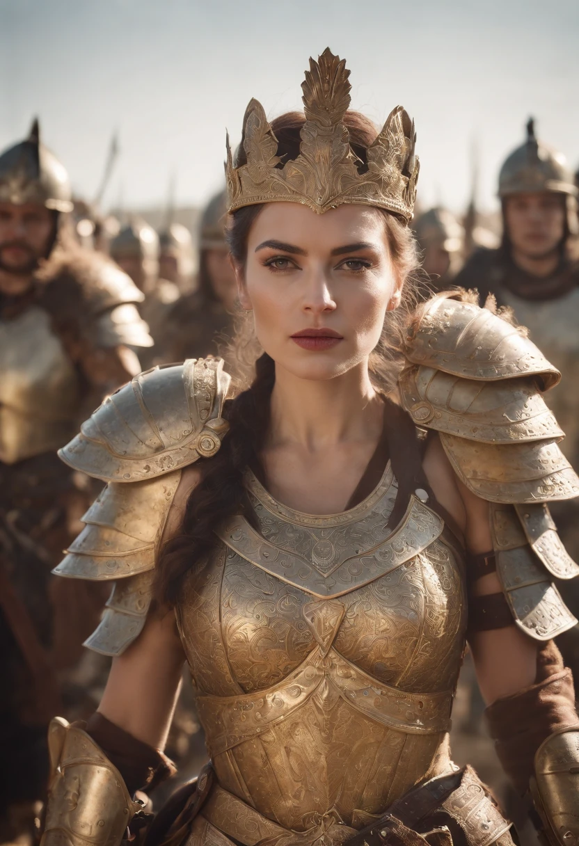 Fierce and powerful queen leading her army into battle, wearing elaborate armor and holding a legendary weapon, fingers corrected, professional color grading , soft shadow , clean sharp focus, film photography