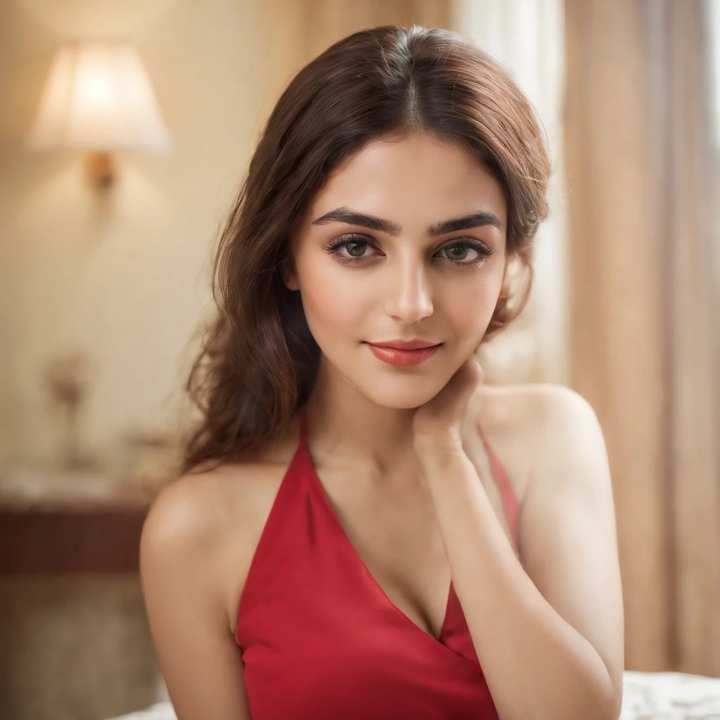 so beautiful Iranian girl with a wheatish complexion, an innocent and charming smile, large green eyes, wearing a red silky sexy dress, her light brown hair flowing, black sun glasses, using mobile in bed room,