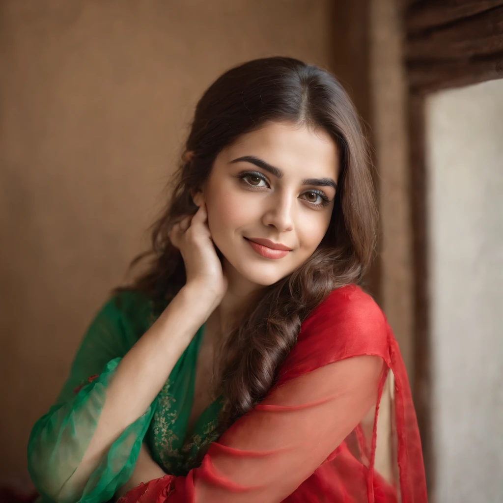 so beautiful Iranian girl with a wheatish complexion, an innocent and charming smile, large green eyes, wearing a red silky sexy dress, her light brown hair flowing, black sun glasses, using mobile in bed room,