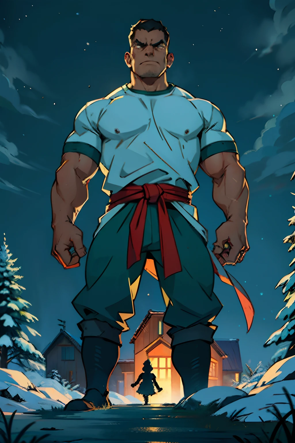 A angry family, frowning, making angry gestures, arms crossed, fists shaking, background is a house in a wintery pine forest at night, eerie light, mood is anger, animosity, character design.