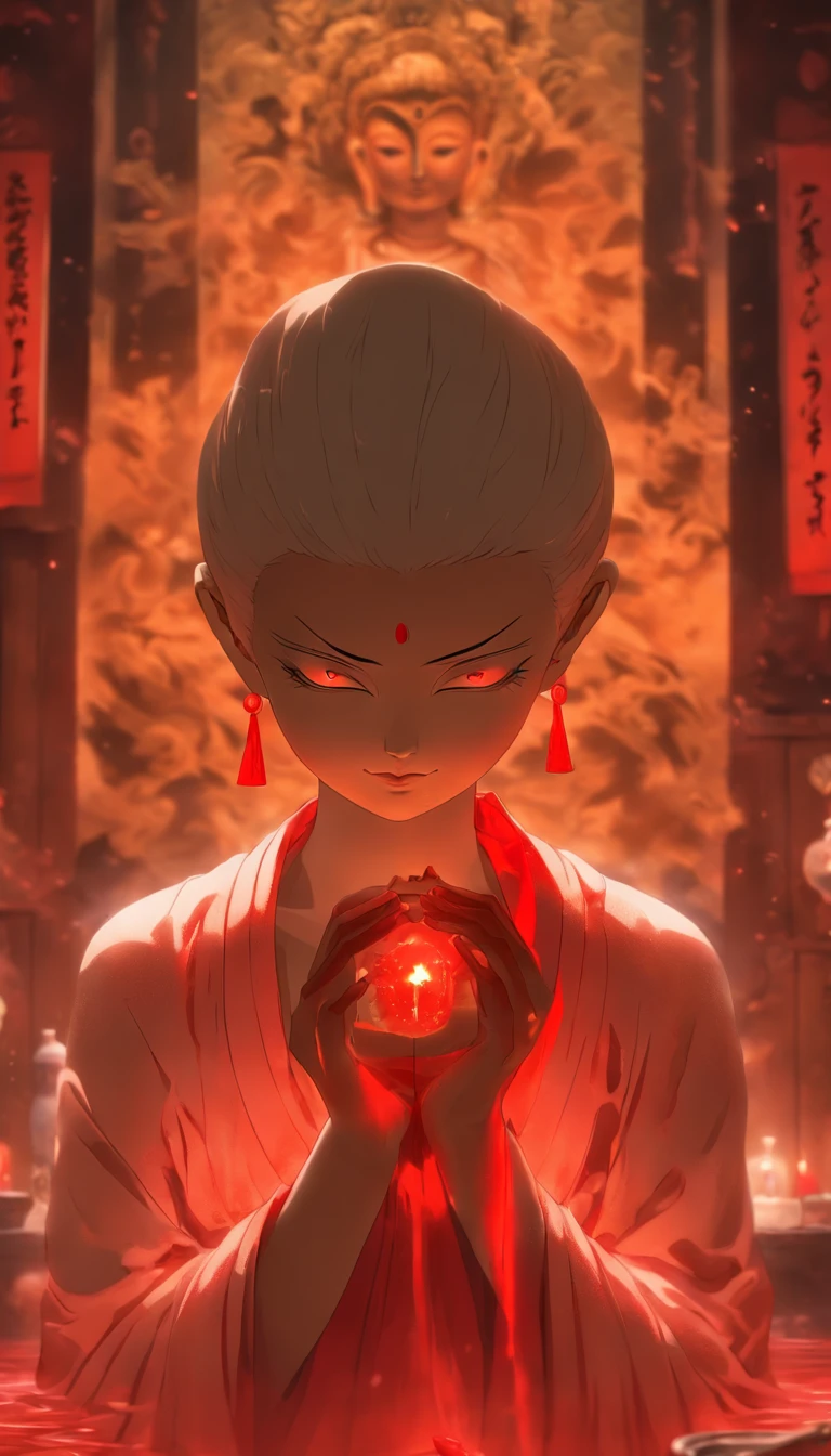 Blood red room, Flashing white TV screen, BUDDHA STATUE, Cover one eye and face, Bright red eyes, Wearing a white transparent robe, Looming full breasts,liquor,Devil, reaching out her hands,Straighten your body, Red nails are exposed, Pinch the camera, hyper HD, Anatomically correct, Textured skin, Super detail, High details, High quality, A high resolution, 8K, hyper HD, Anatomically correct, Textured skin, Super detail, High details, High quality, Best quality, 8K,Leishnampo,Room 2,Horror