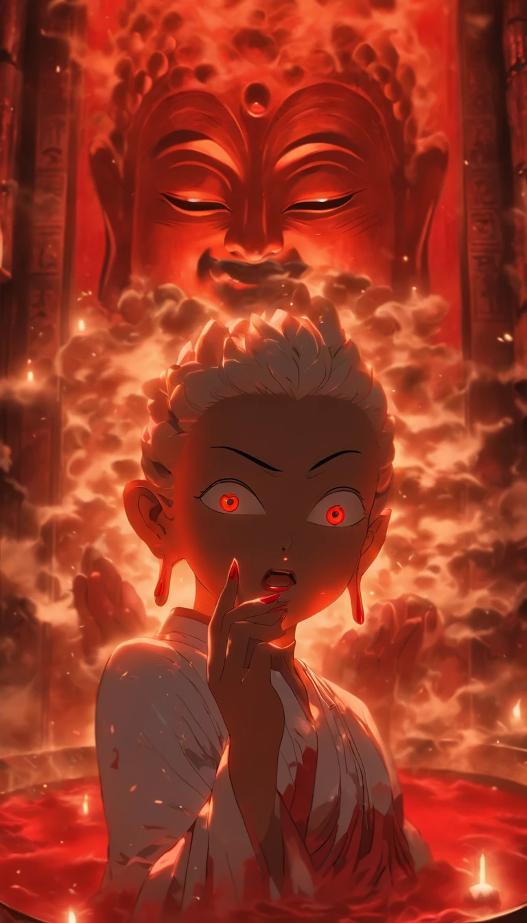 Blood red room, Flashing white TV screen, BUDDHA STATUE, Cover one eye and face, Bright red eyes, Wearing a white transparent robe, Looming full breasts,liquor,Devil, reaching out her hands,Straighten your body, Red nails are exposed, Pinch the camera, hyper HD, Anatomically correct, Textured skin, Super detail, High details, High quality, A high resolution, 8K, hyper HD, Anatomically correct, Textured skin, Super detail, High details, High quality, Best quality, 8K,Leishnampo,Room 2,Horror