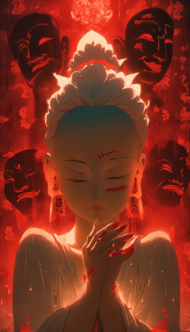 Blood red room, Flashing white TV screen, BUDDHA STATUE, Cover one eye and face, Bright red eyes, Wearing a white transparent robe, Looming full breasts,liquor,Devil， reaching out her hands，Straighten your body, Red nails are exposed, Pinch the camera, hyper HD, Anatomically correct, Textured skin, Super detail, High details, High quality, A high resolution, 8K, hyper HD, Anatomically correct, Textured skin, Super detail, High details, High quality, Best quality, 8K,Leishnampo,Room 2,Horror
