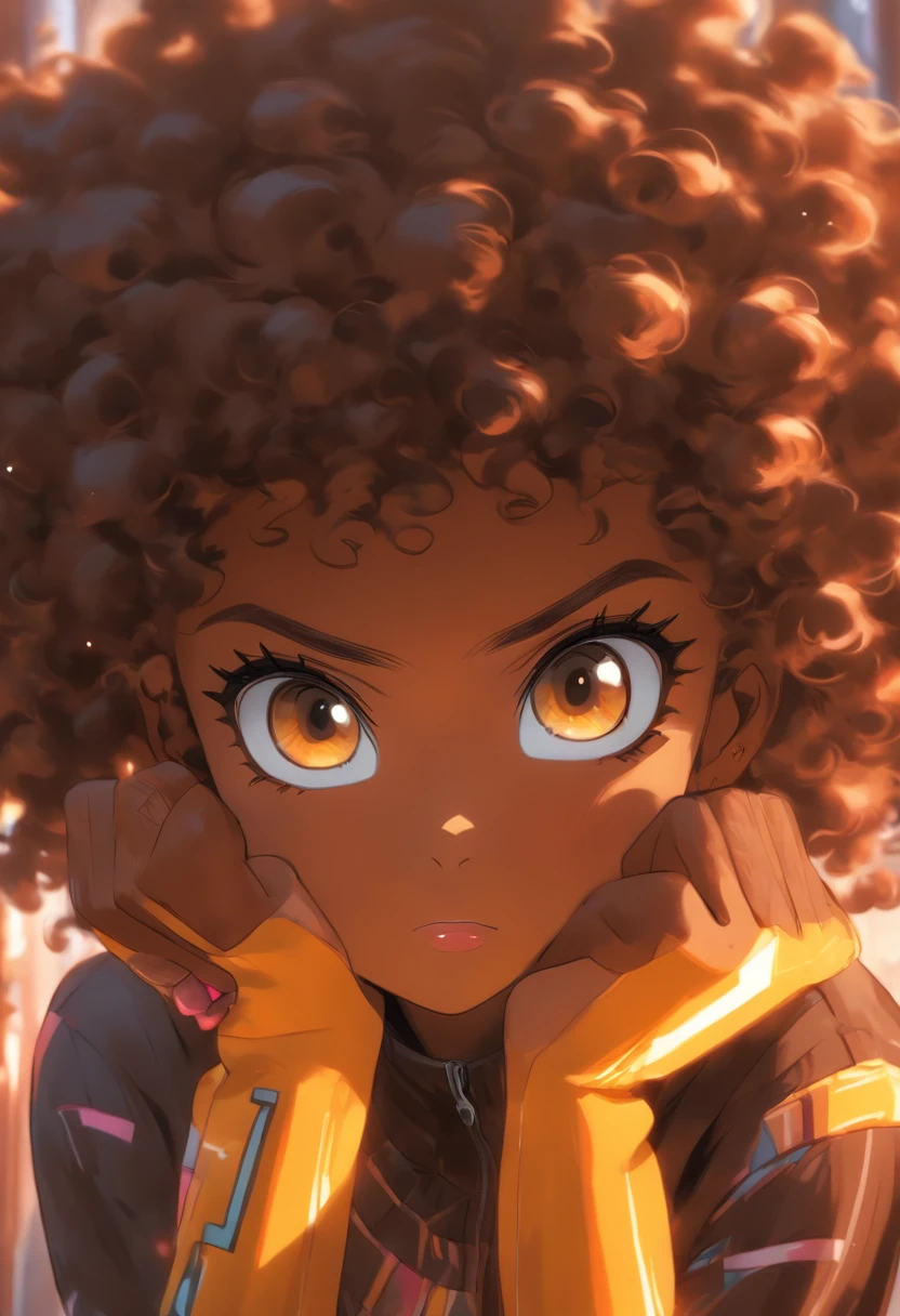 ,((dark-skinned female, melaninated female ,,chocolate-skinned female)), black hair, short curly afro, hair bobbles, headshot,remote control (masterpiece, ultra-detailed,best-quality, 2040hd) visual novel, sad